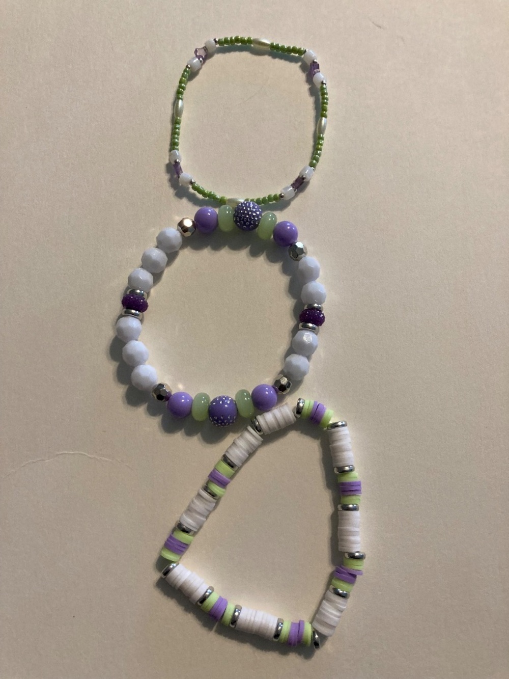 Green, White, Purple Pre-Stretched Bracelet Set - 6.5” - Picture 6 of 6